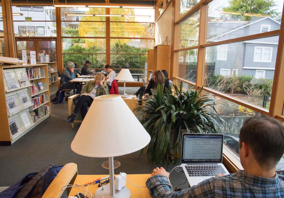 Library patrons in seating area at the Montlake Branch