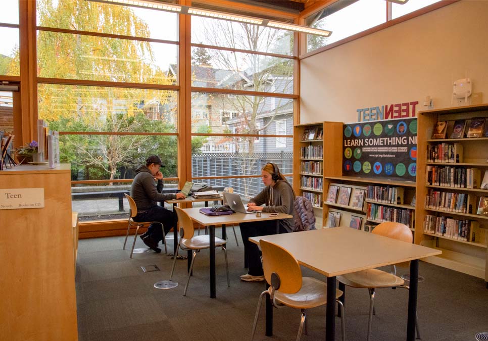 Library patrons in teen area at the Montlake Branch 