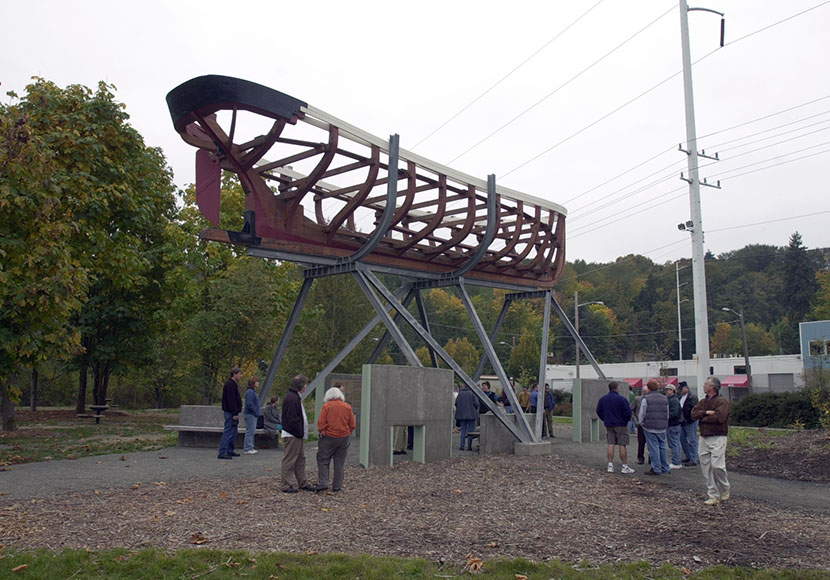 Photo of Dedication of "Paragon," sculpture by artist Donald Fels, at Terminal 107 on the Duwamish Waterway, 2002