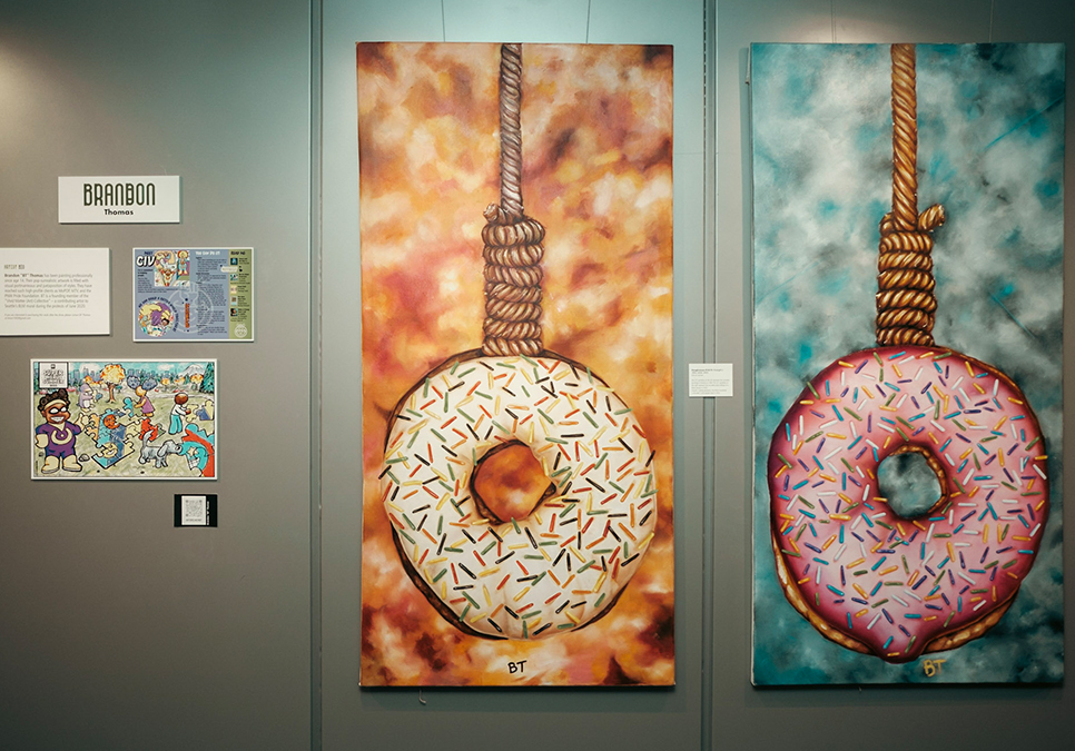 Artist Brandon Thomas's work on display at the Central Library Level 8 Gallery.