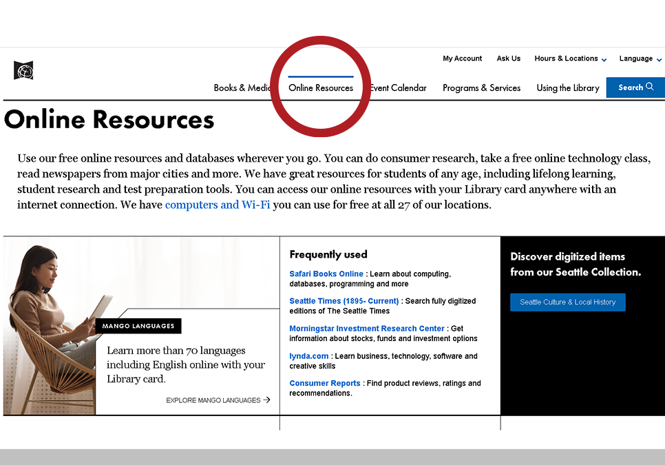 screen shot of the online resources page on spl.org